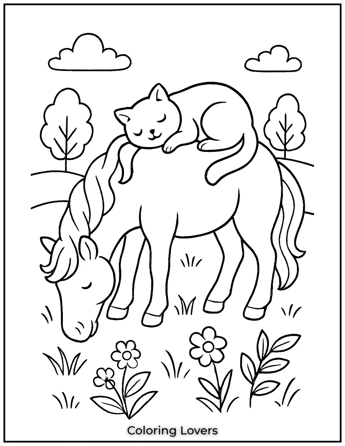 Fun and Free Cat Coloring Pages for Kids and Adults 33 A peaceful scene of harmony—a cat napping atop a grazing horse. A calming coloring experience awaits