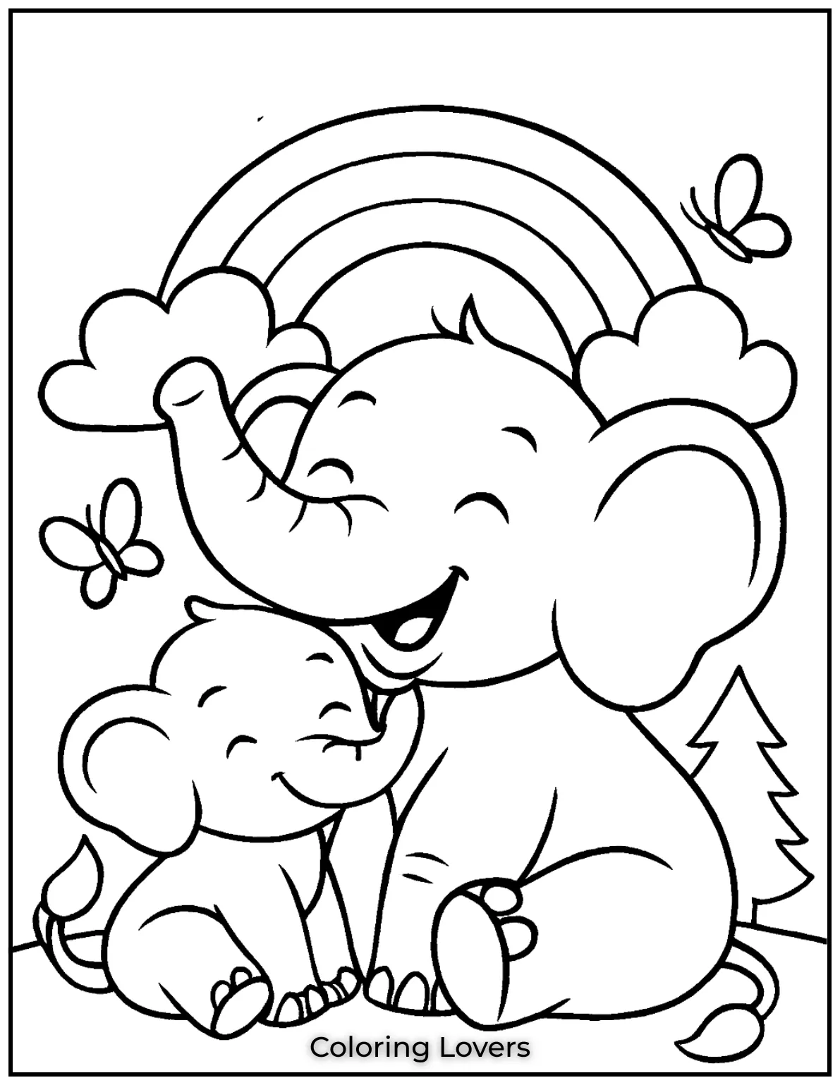 Unique Elephant Coloring Pages for Kids 14 A playful elephant with a rainbow and butterflies brings joy and fun to any childs coloring time 1