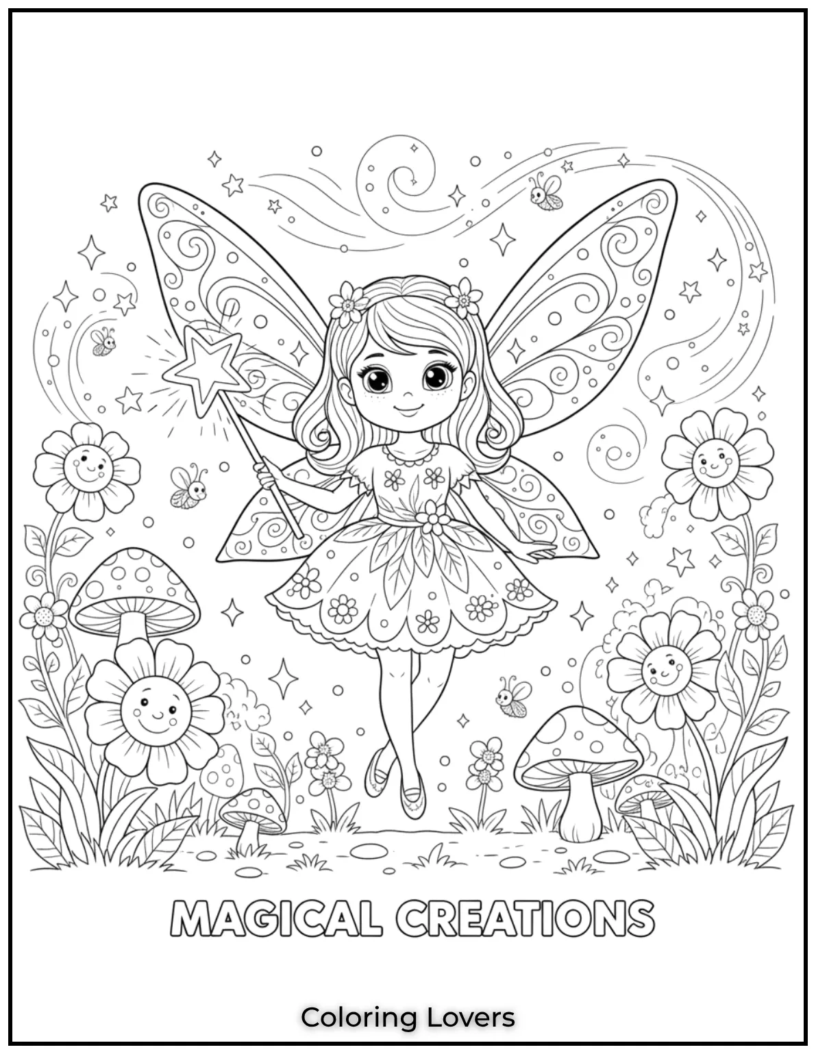 A playful fairy with sparkling wings and a magic wand. A whimsical design perfect for creative little artists