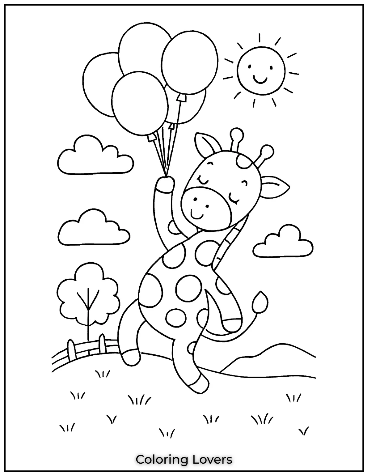 Amazing Giraffe Coloring Pages (Free Printables) 7 A playful giraffe floats gently with a big bunch of balloons. Kids can let their imaginations fly as they color this fun scene