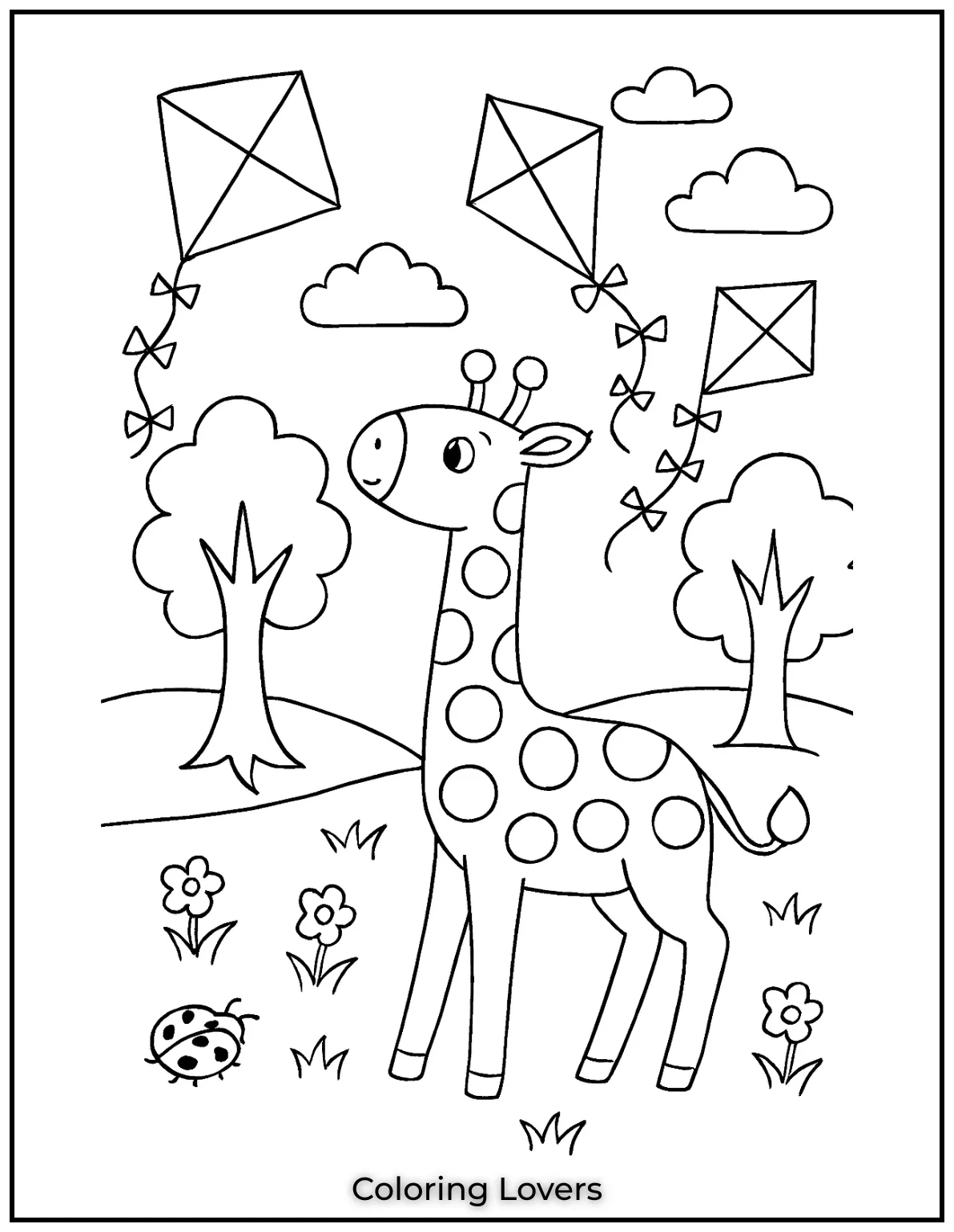 Amazing Giraffe Coloring Pages (Free Printables) 25 A playful giraffe watches as kites fly high in the sky