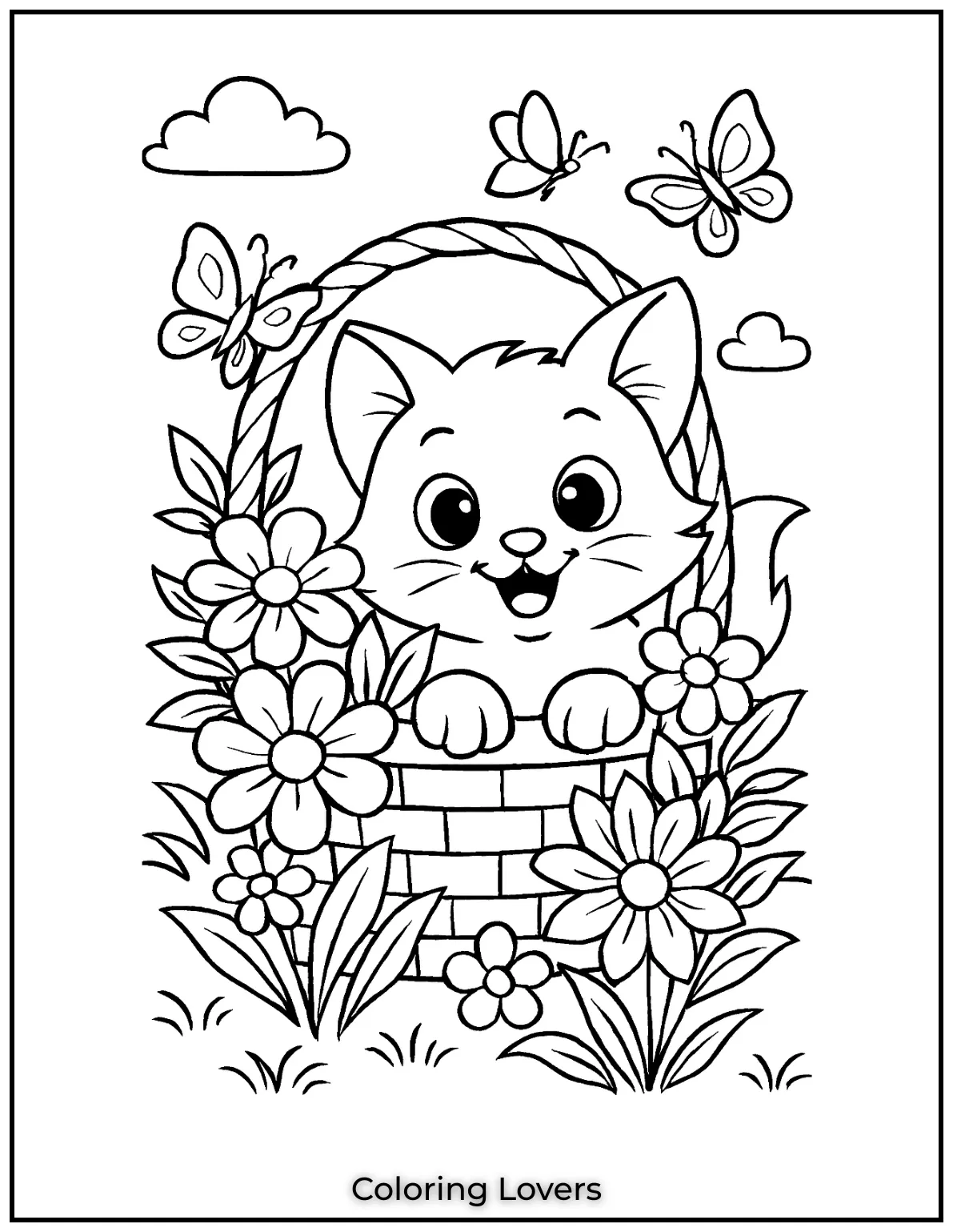 Kitten Coloring Pages – Free, Fun for Kids 31 A playful kitten hiding in a flower basket while butterflies flutter around 1