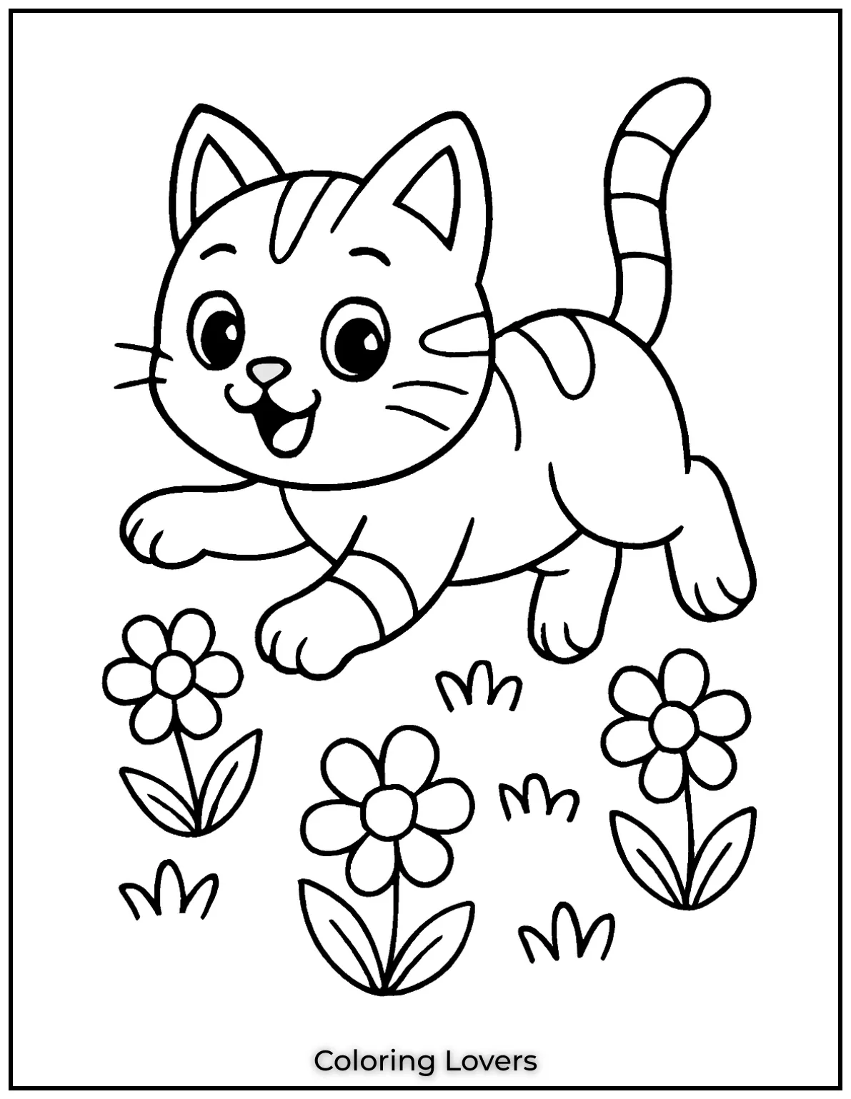 Kitten Coloring Pages – Free, Fun for Kids 5 A playful kitten jumping around flowers