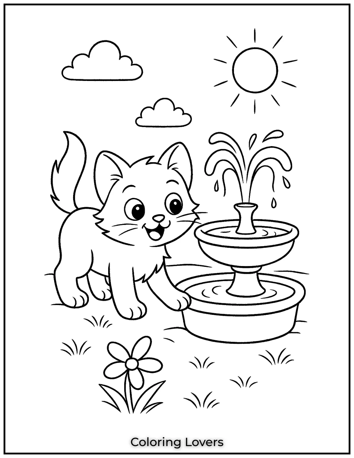 Kitten Coloring Pages – Free, Fun for Kids 22 A playful kitten standing near a fountain on a sunny day in this fun coloring page 1