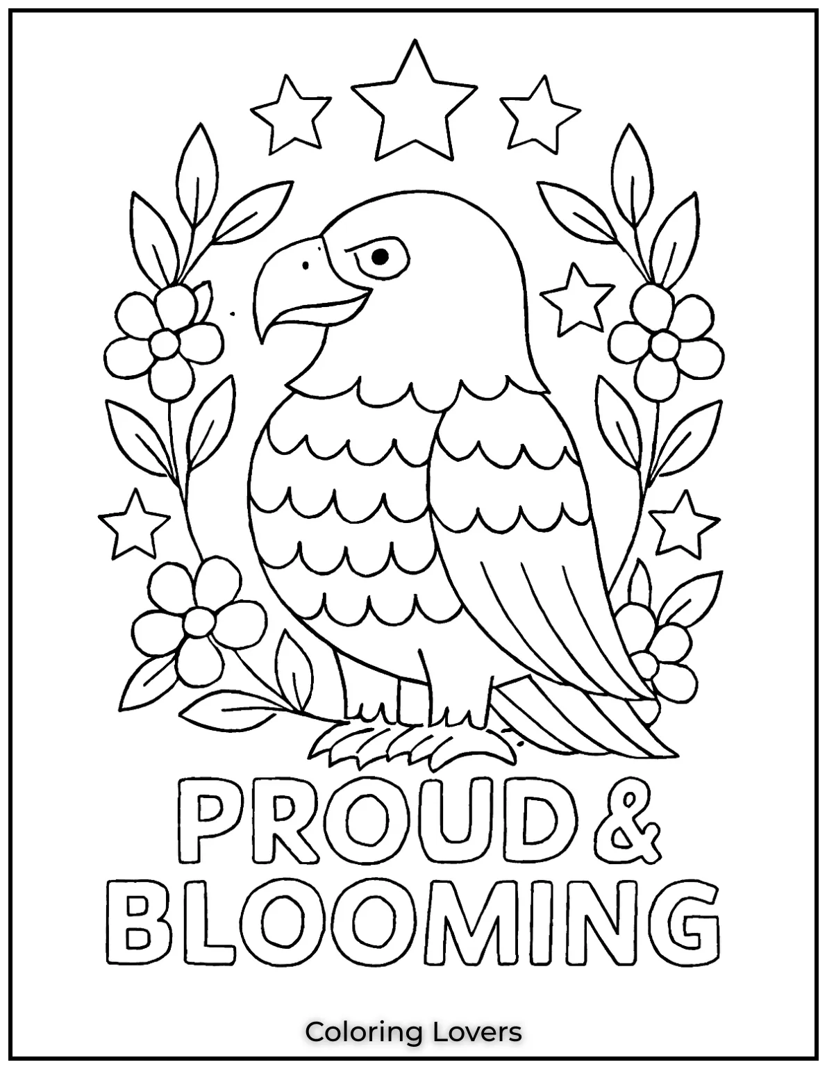 A proud eagle sits in a wreath of stars and flowers. These 4th of July coloring pages for kids will inspire pride