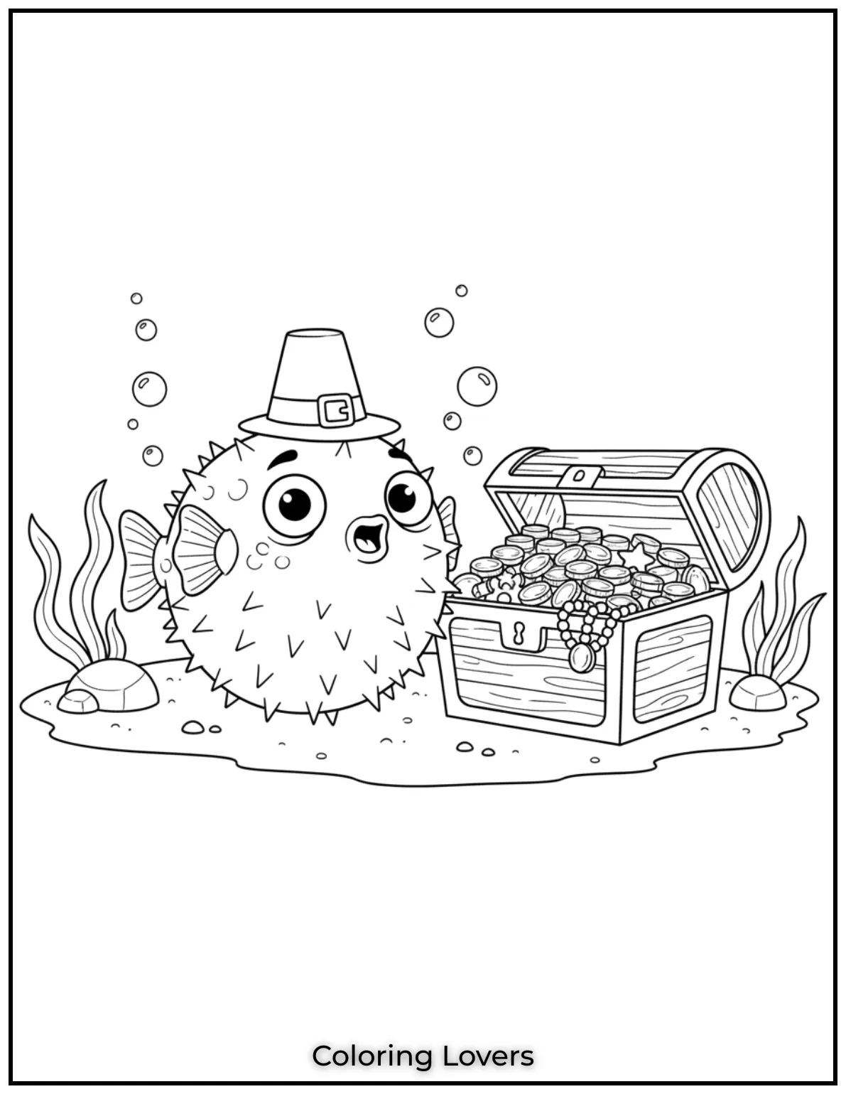 Fish Coloring Pages That Are Free to Downloads 22 A pufferfish puffs up beside a treasure chest. Spikes out and eyes wide its full of charm