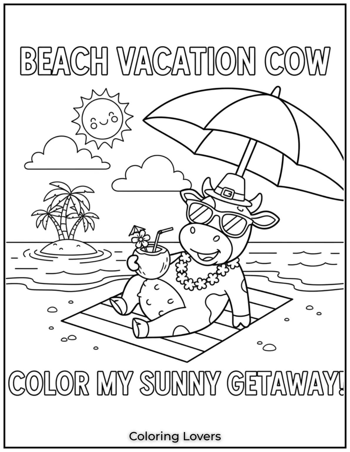 A relaxed cow enjoys its vacation by the beach with a coconut drink under an umbrella