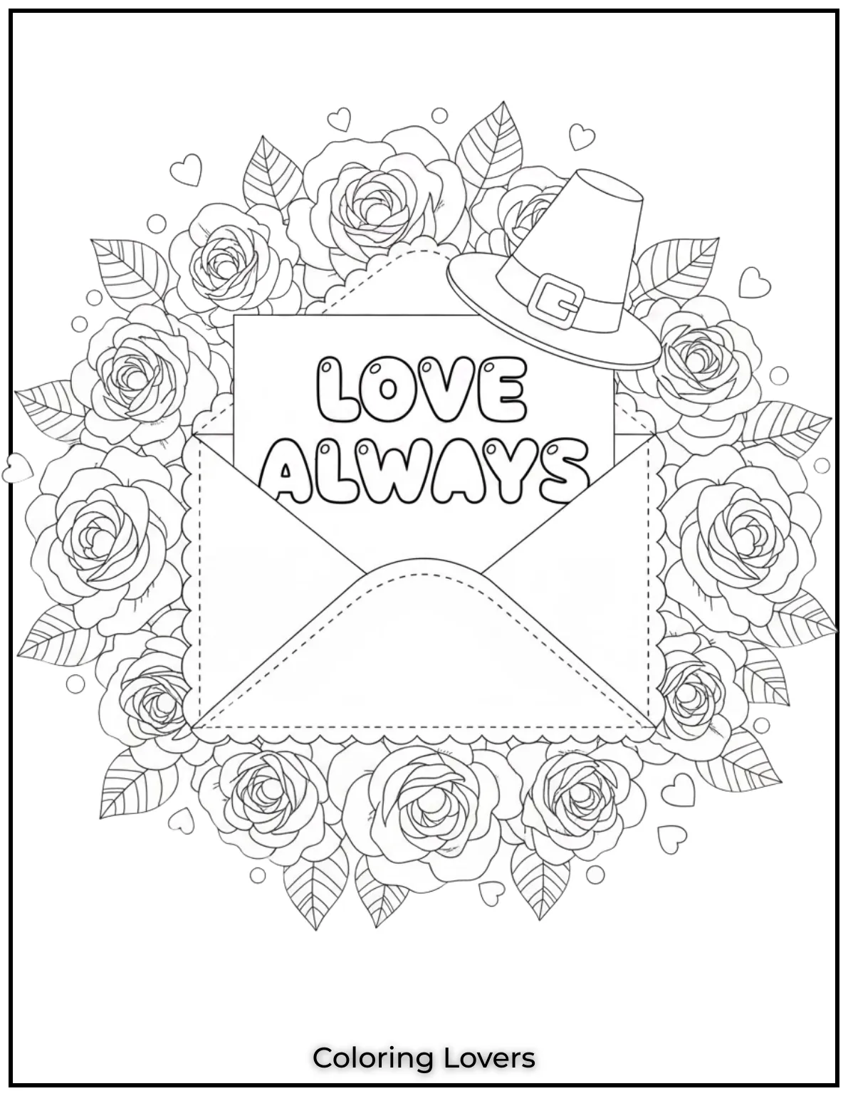 A romantic coloring page of an envelope surrounded by blooming roses holding a card that reads Love Always