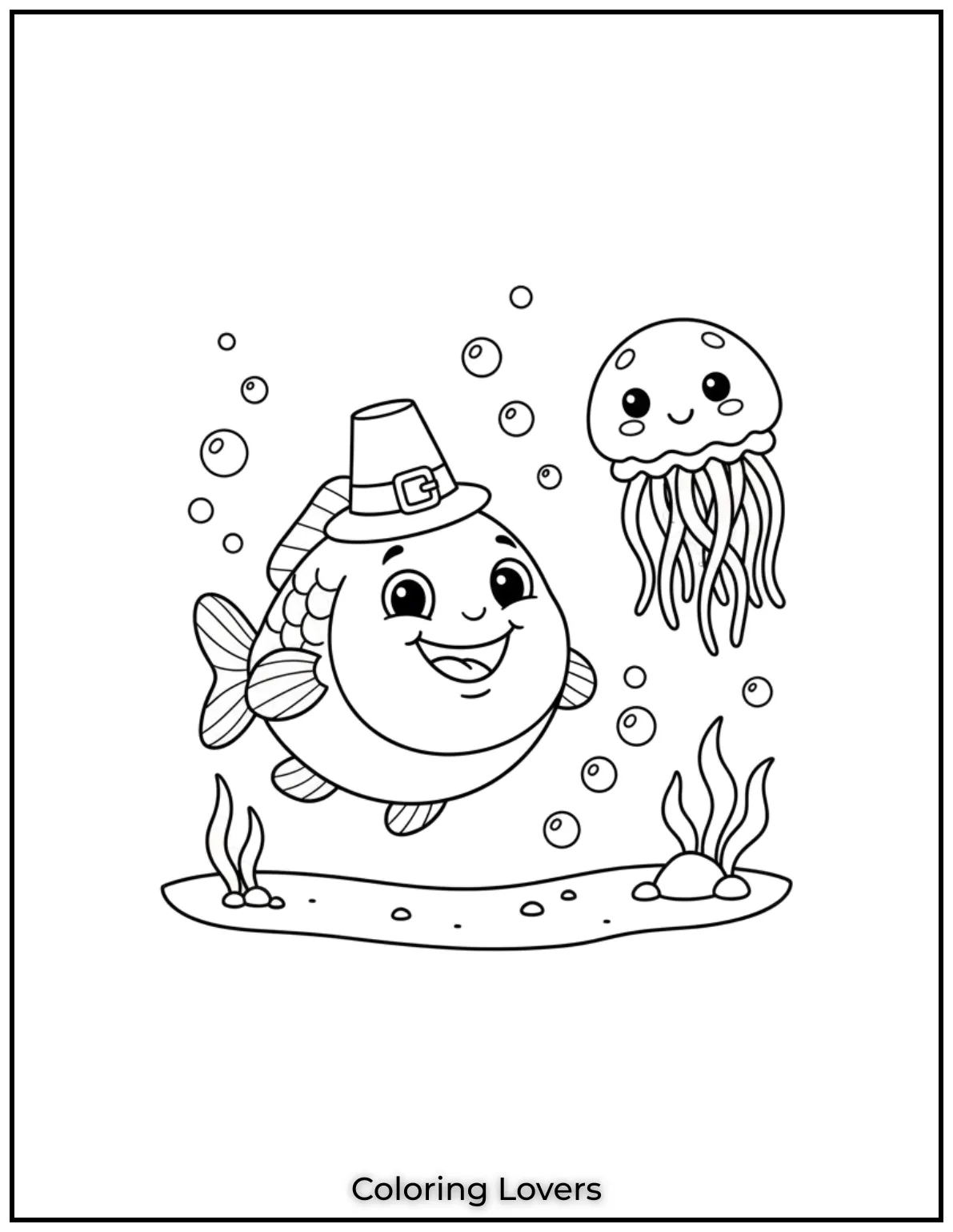Fish Coloring Pages That Are Free to Downloads 34 A round fish and a happy jellyfish drift together in a bubbly sea. Kids will enjoy bringing life to this charming underwater pair