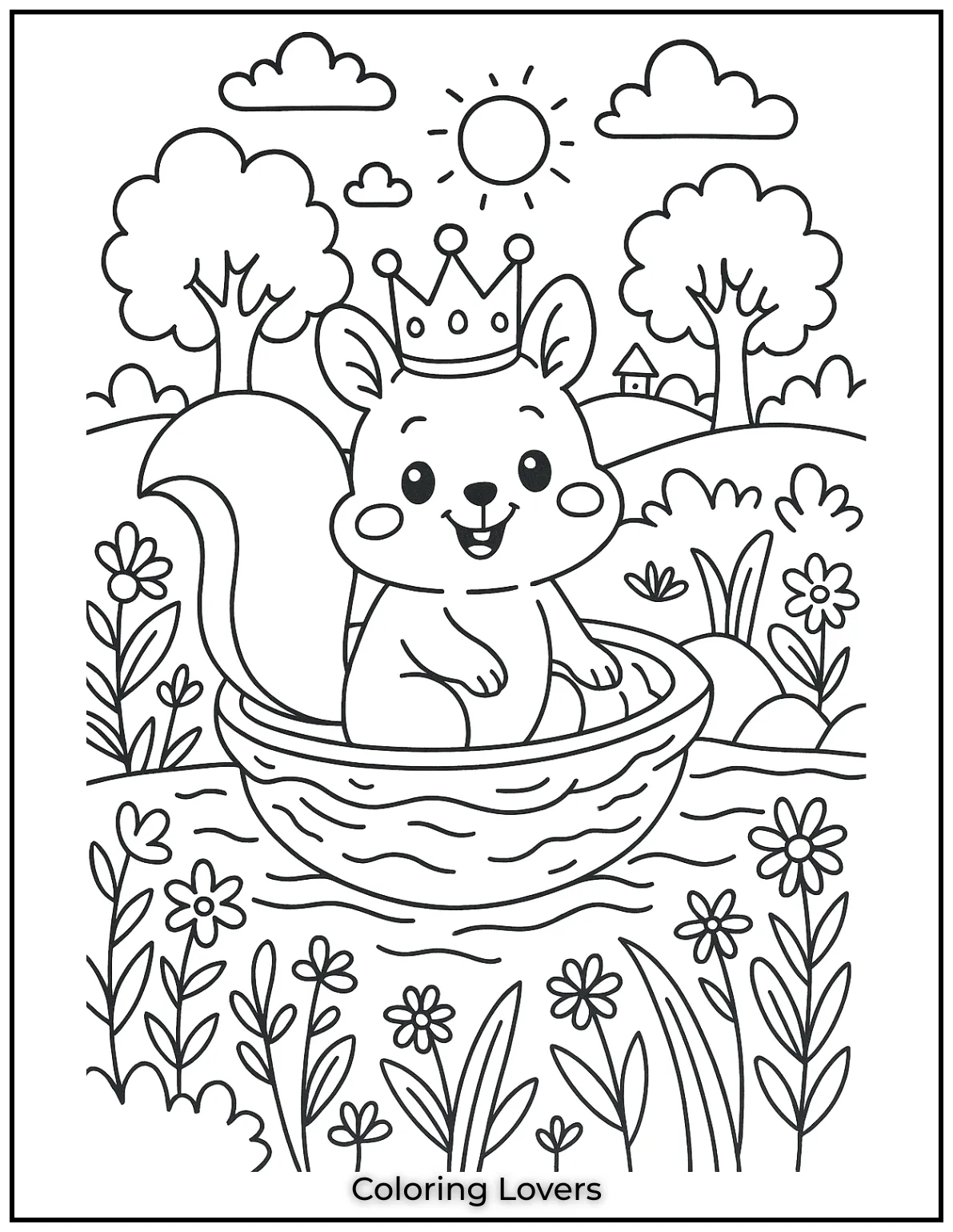 A royal squirrel sitting in a walnut shell wearing a crown