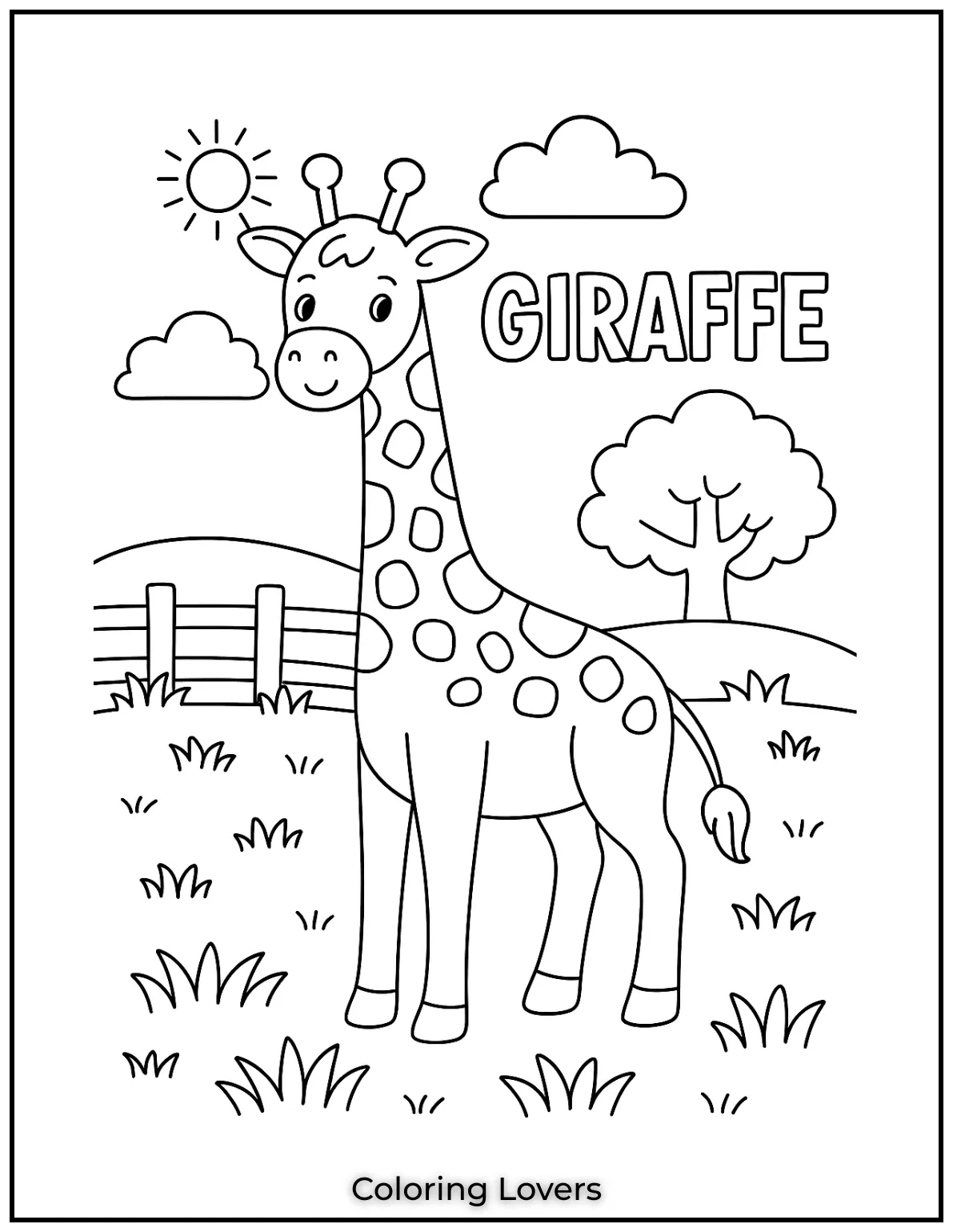 Amazing Giraffe Coloring Pages (Free Printables) 4 A simple giraffe outline standing tall with the word GIRAFFE written beside it. Its a fun and bold design for kids to color