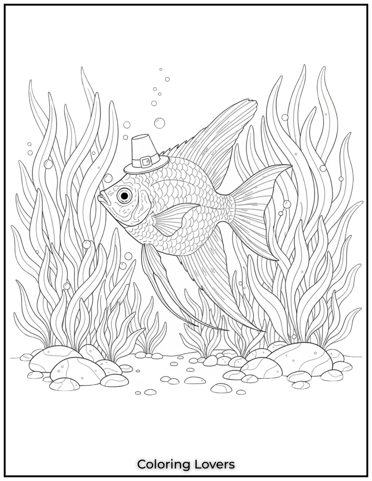 Fish Coloring Pages That Are Free to Downloads 29 A single angelfish floats through tall leaves in silence. Perfect for relaxing fish coloring pages for adults