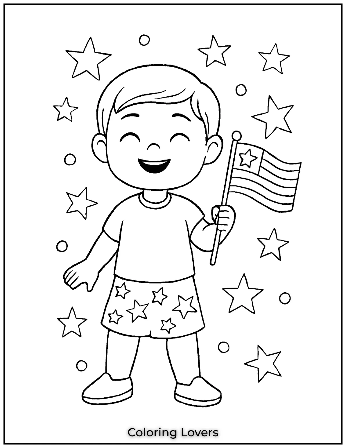 A smiling boy proudly holds the American flag in his hand. His excitement makes this day feel extra special