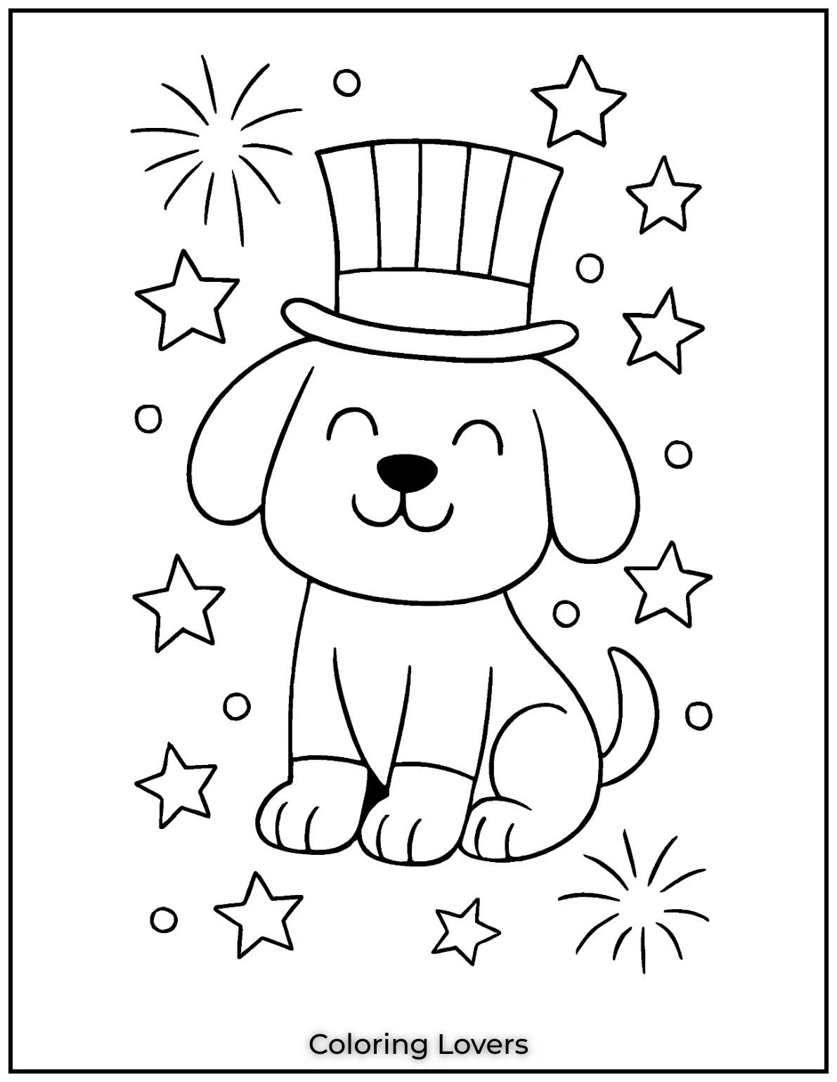 A smiling puppy in a top hat sits with fireworks and stars. Its pure patriotic puppy joy