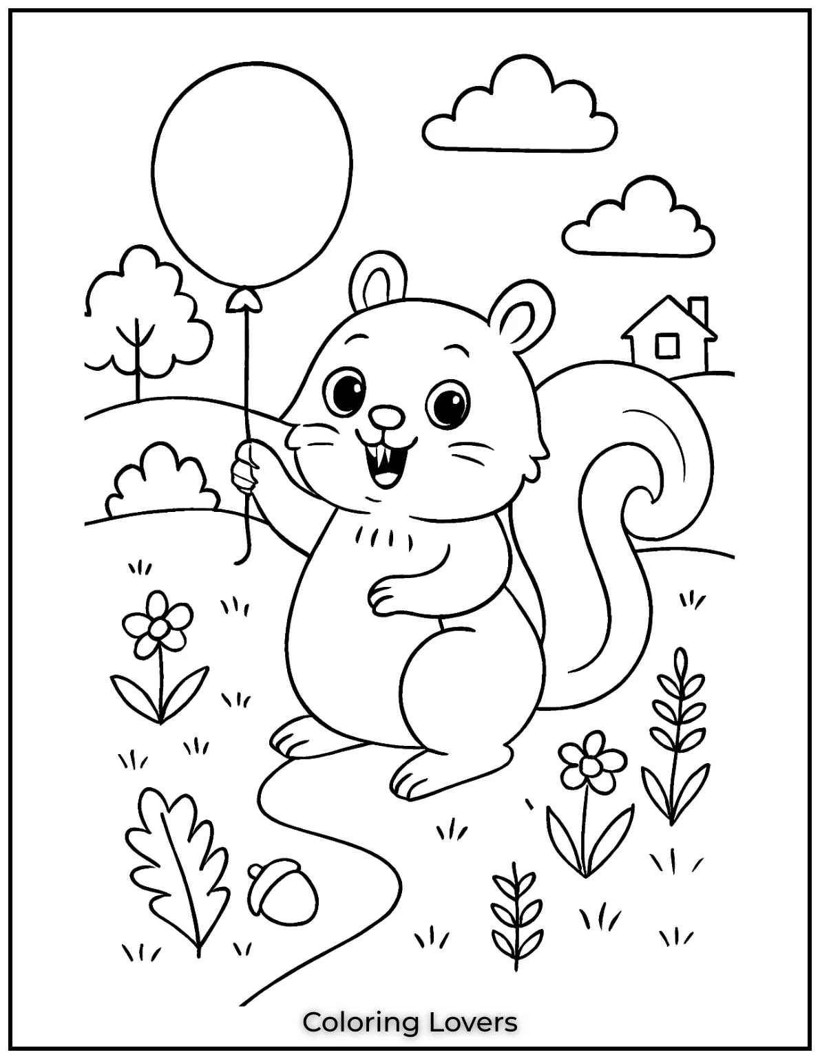 A squirrel with a balloon just waiting to float away. This simple and happy moment was fun to draw. How will you bring this squirrel coloring page to life