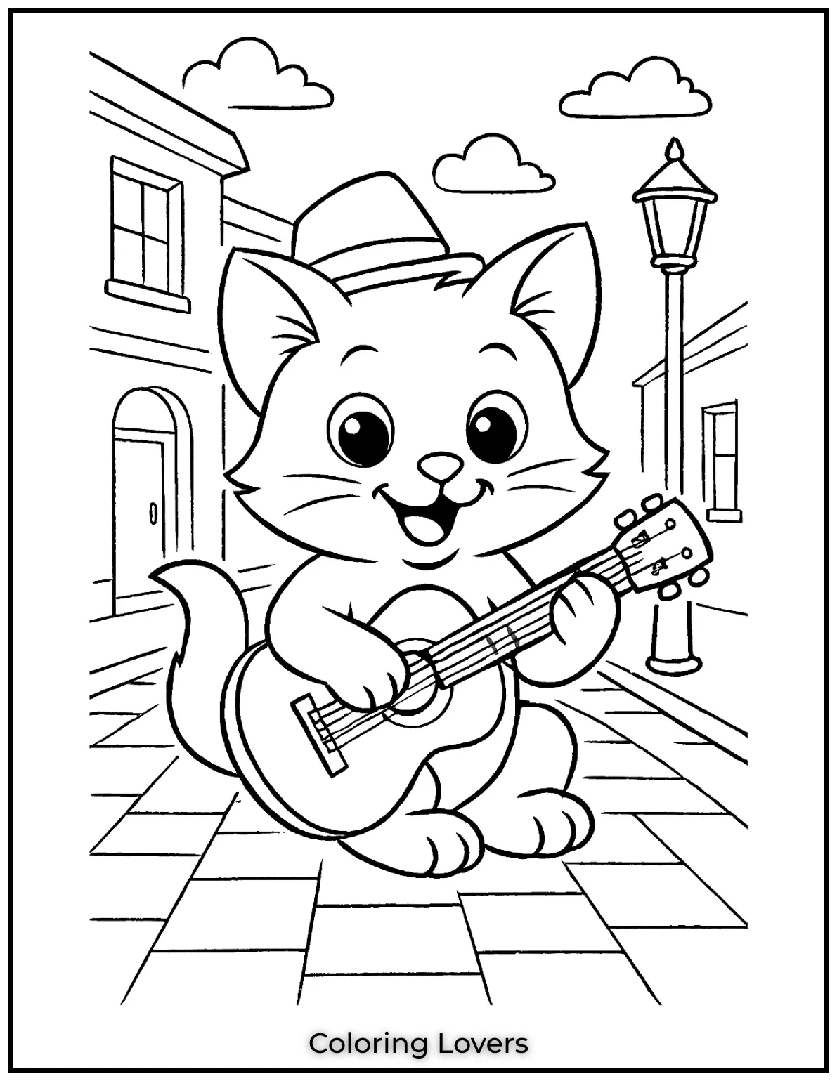Kitten Coloring Pages – Free, Fun for Kids 33 A street musician kitten strumming a guitar on a quiet street captured in this adorable scene 1