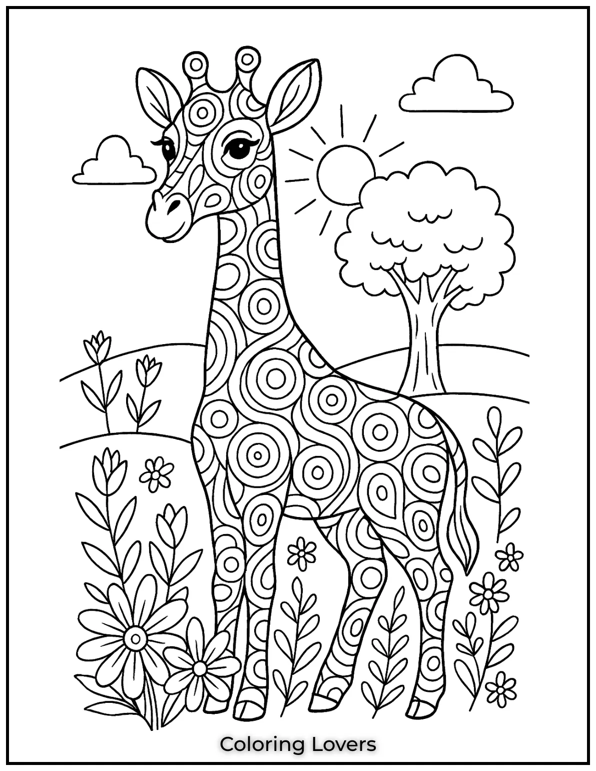 Amazing Giraffe Coloring Pages (Free Printables) 32 A striking giraffe design with flowing circles and patterns. Let your imagination run wild as you color this unique piece perfect for stress relief