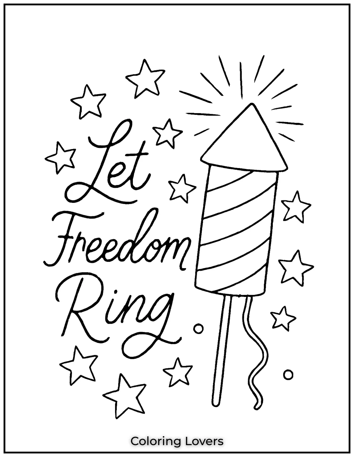 A striped firework and handwritten script celebrate freedom with charm. Perfect for a cozy coloring session
