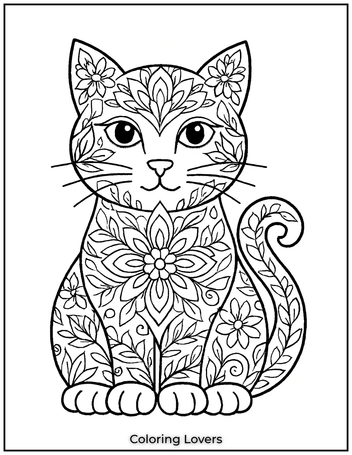 Fun and Free Cat Coloring Pages for Kids and Adults 52 A stunning floral mandala cat design to immerse yourself in. Relax and bring it to life with your favorite colors