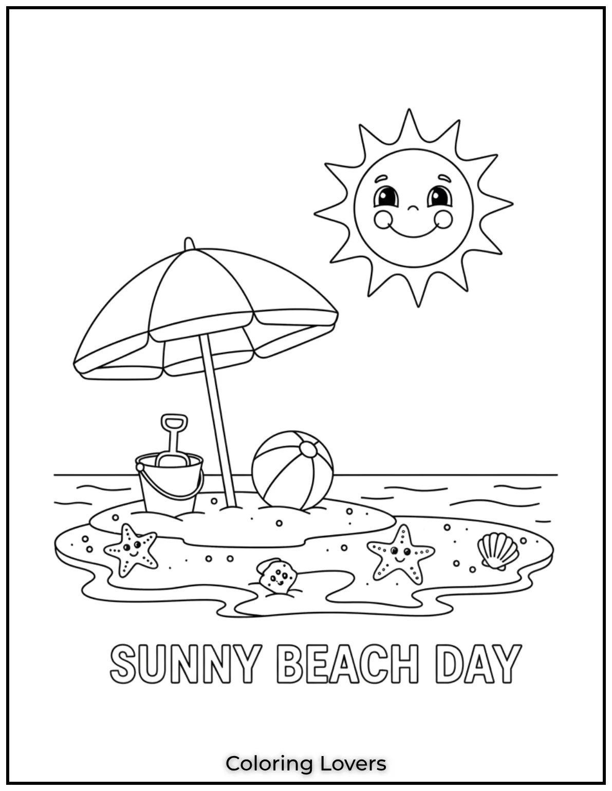 A sunny day at the beach with a smiling sun and a shady umbrella. A simple and fun summer themed coloring page