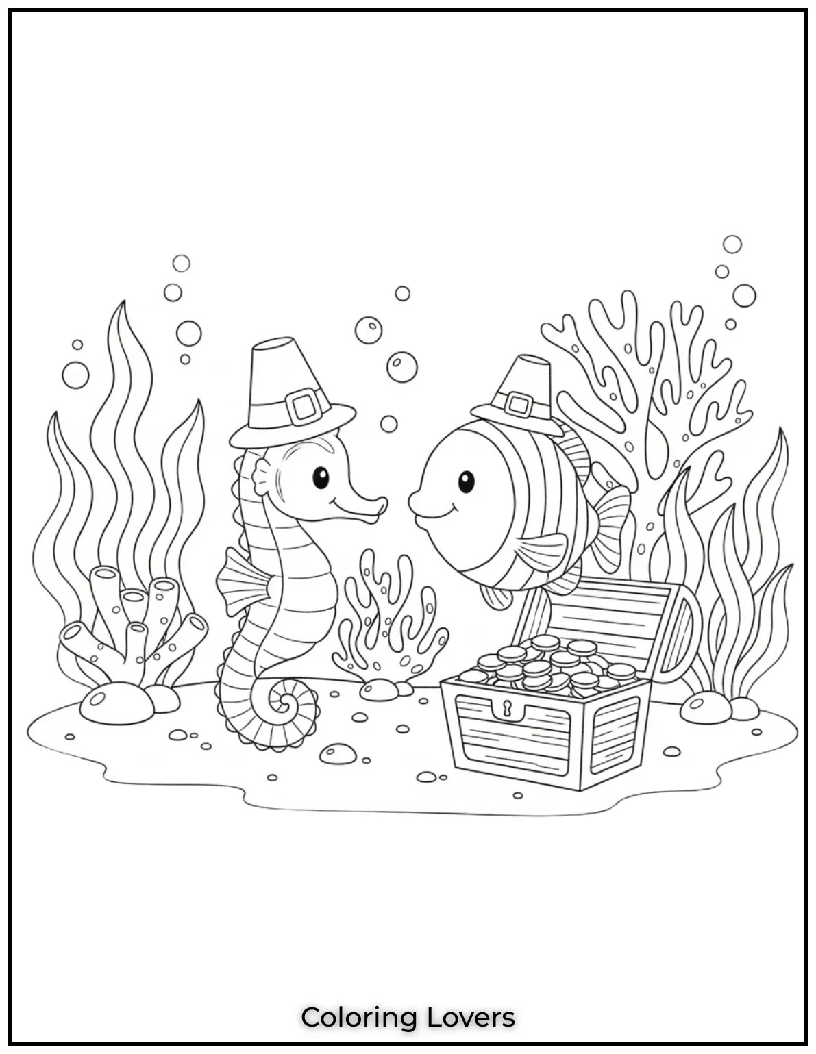 Fish Coloring Pages That Are Free to Downloads 33 A sweet seahorse and fish chat near a treasure chest. This joyful underwater encounter will spark kids imaginations