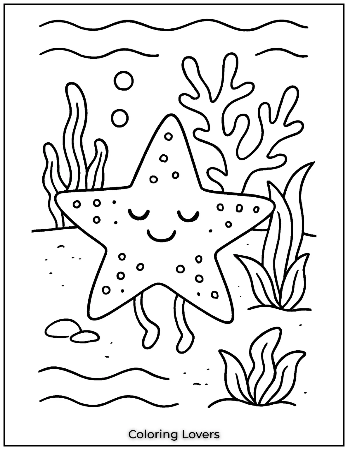 Summer Coloring Pages for Kids and Adults 18 A sweet starfish relaxing on the ocean floor with sea plants