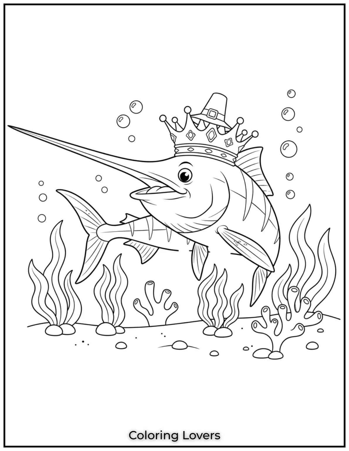 Fish Coloring Pages That Are Free to Downloads 8 A swordfish with a crown swims proud and strong. A royal splash in the ocean deep