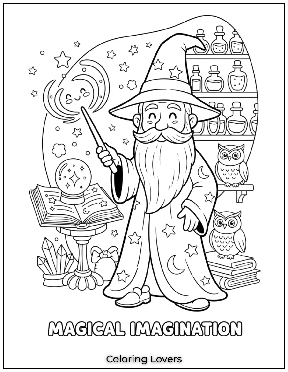 A wise old wizard casting a spell with his glowing wand A great pick for preschool coloring pages filled with imagination