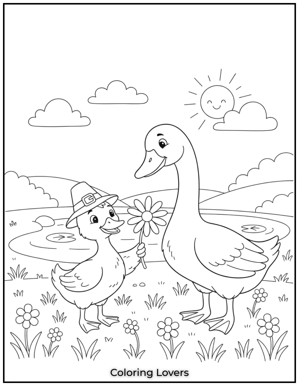 Duck Coloring Pages That Kids Like the Most 31 A young duck and a gentle goose share a sweet moment by the daisy