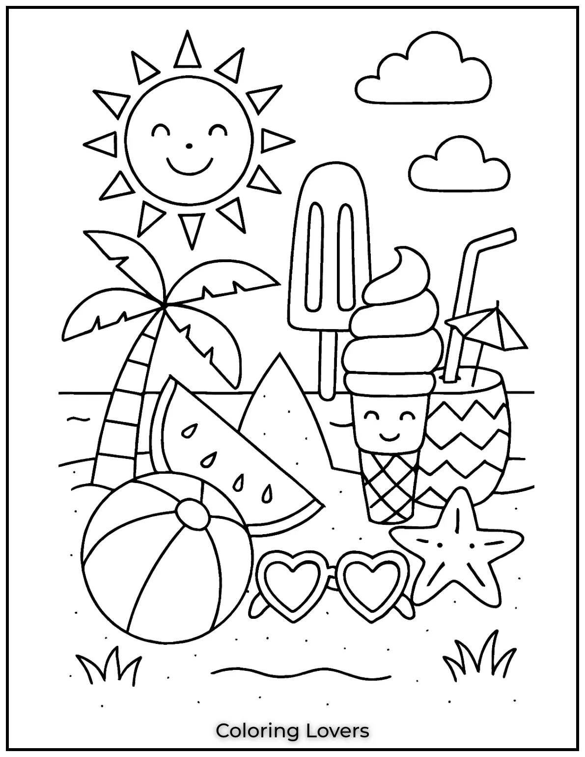 Summer Coloring Pages for Kids and Adults 6 All your favorite summer icons gathered in one fun scene