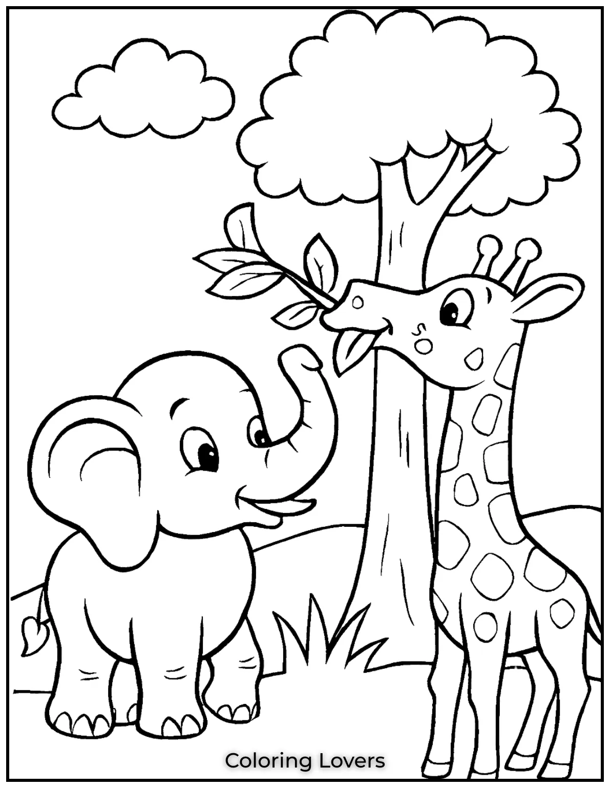 Unique Elephant Coloring Pages for Kids 29 An elephant and giraffe share a meal from a tree. A sweet moment that kids will love coloring 1