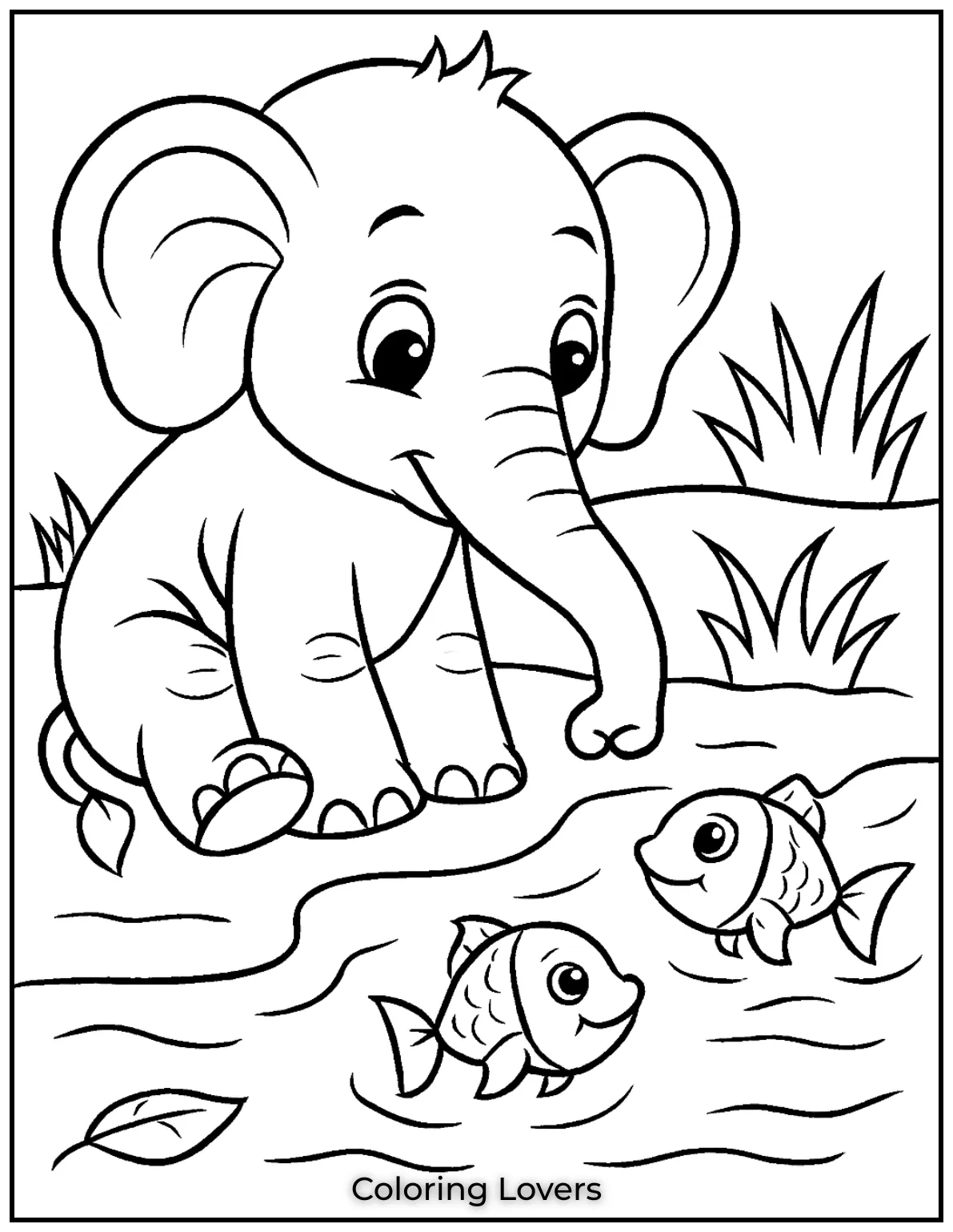 Unique Elephant Coloring Pages for Kids 24 An elephant curiously looks at fish swimming in the water—a simple serene coloring page 1