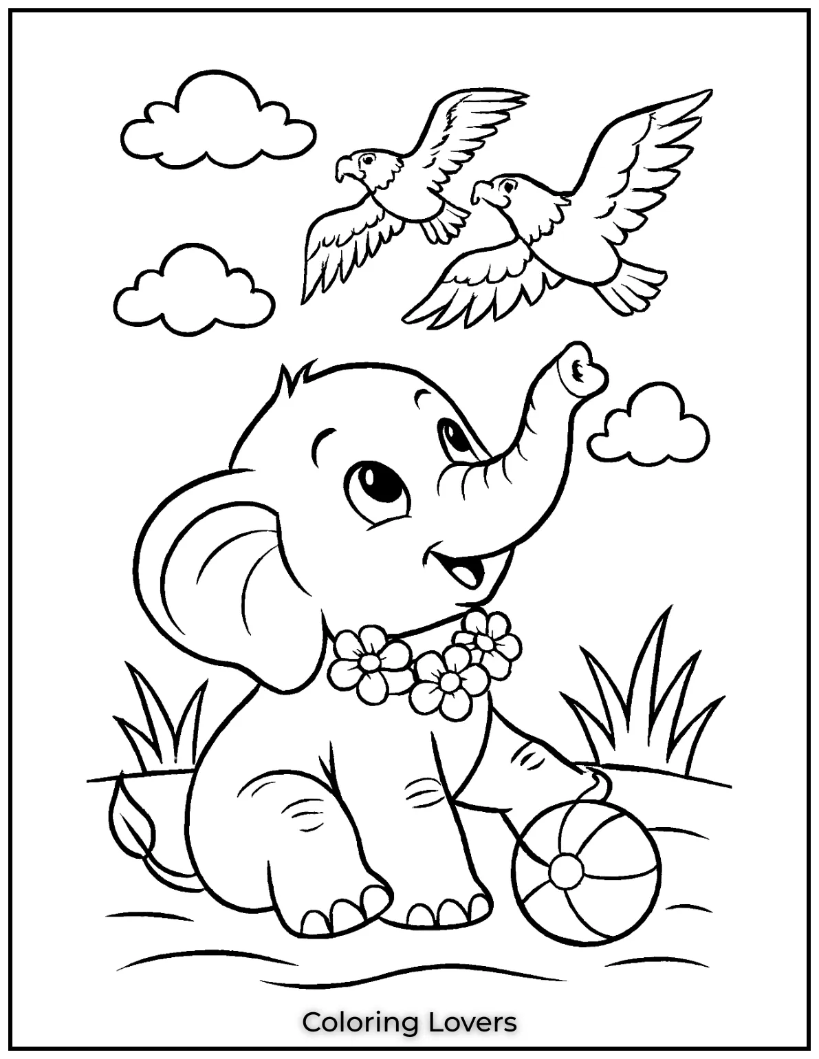 Unique Elephant Coloring Pages for Kids 22 An elephant watches eagles soar above. A dynamic scene perfect for creative coloring 1