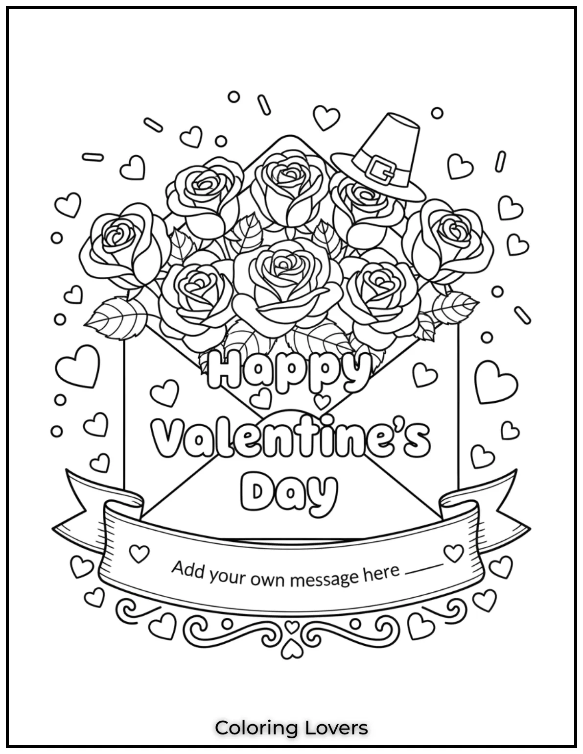 An envelope filled with love and roses says Happy Valentines Day to warm hearts everywhere. Use the blank banner to add a sweet message of your own