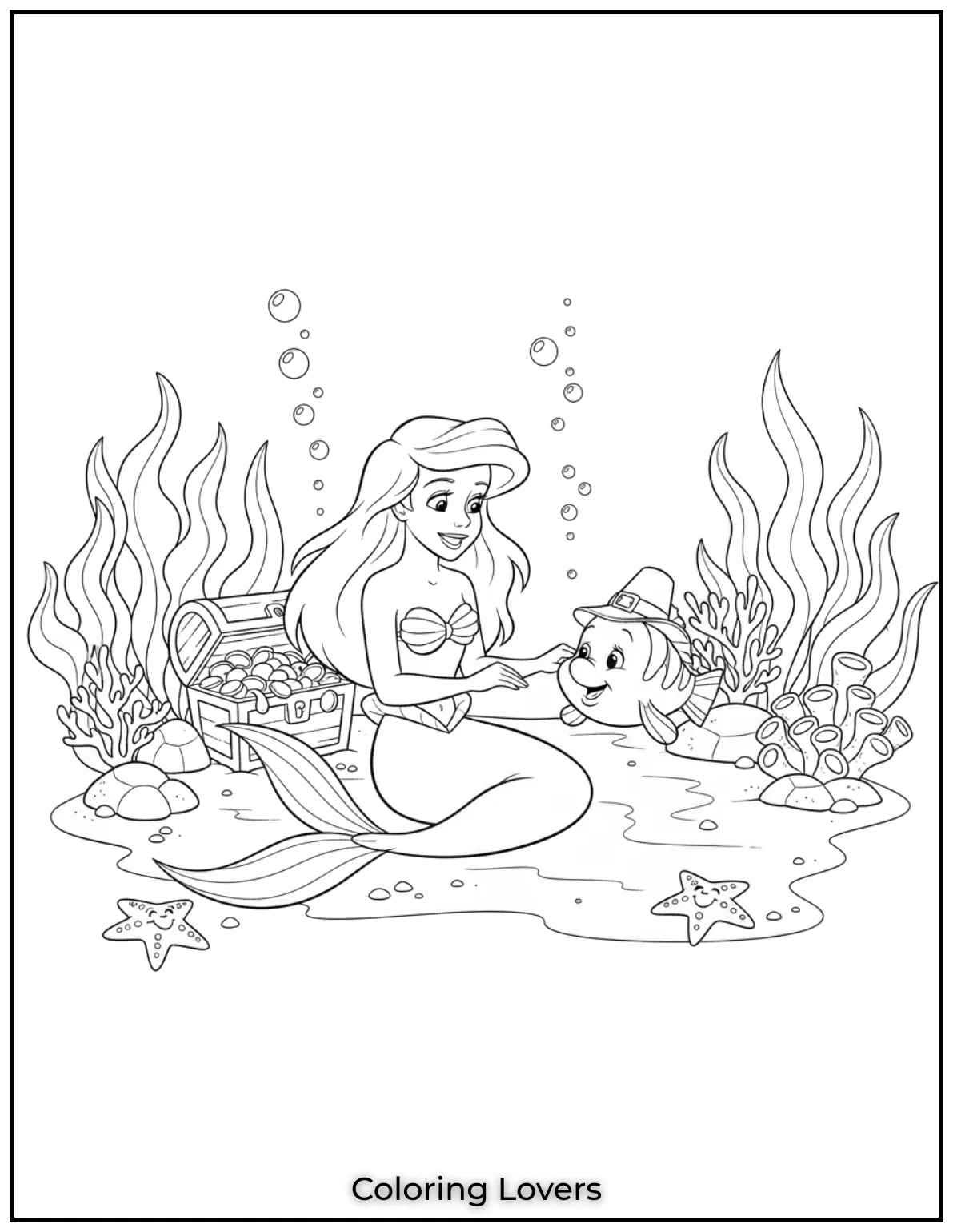 Fish Coloring Pages That Are Free to Downloads 37 Ariel relaxes on the ocean floor while chatting with her fish friend. A peaceful mermaid moment to color