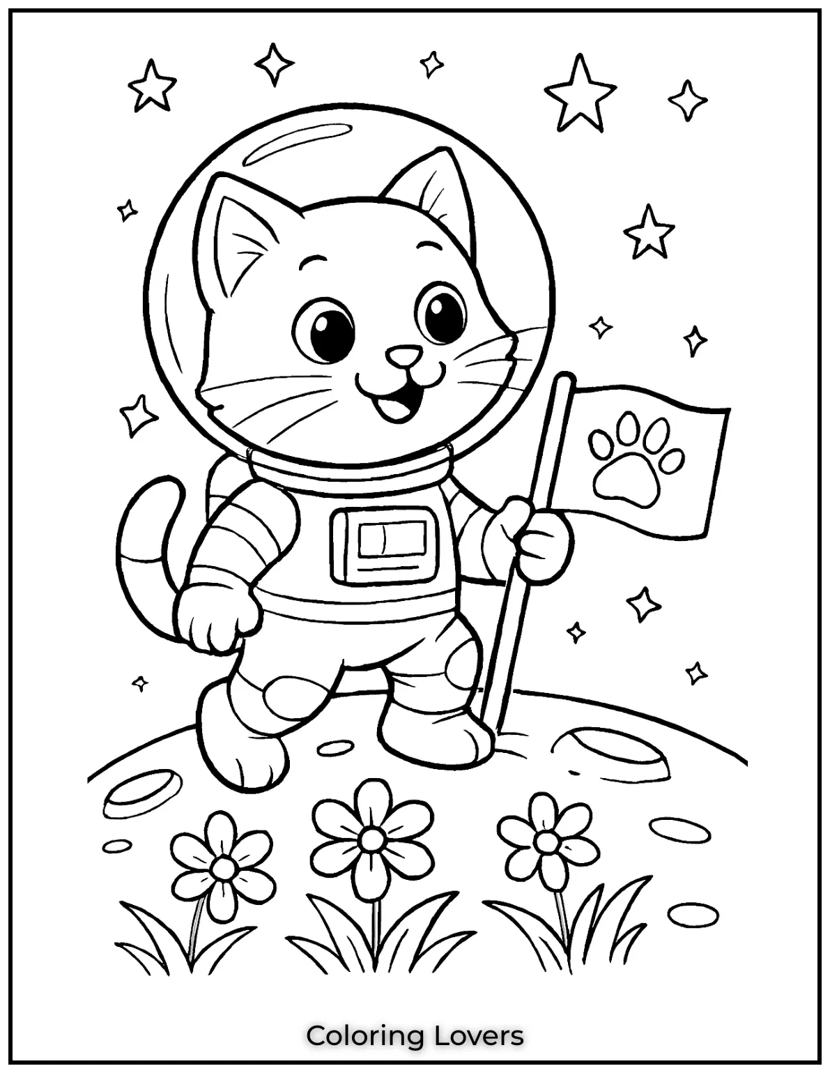 Kitten Coloring Pages – Free, Fun for Kids 39 Astronaut Cat proudly plants a paw flag on the moon gazing at stars. This playful astronaut adventure makes a perfect coloring page 1