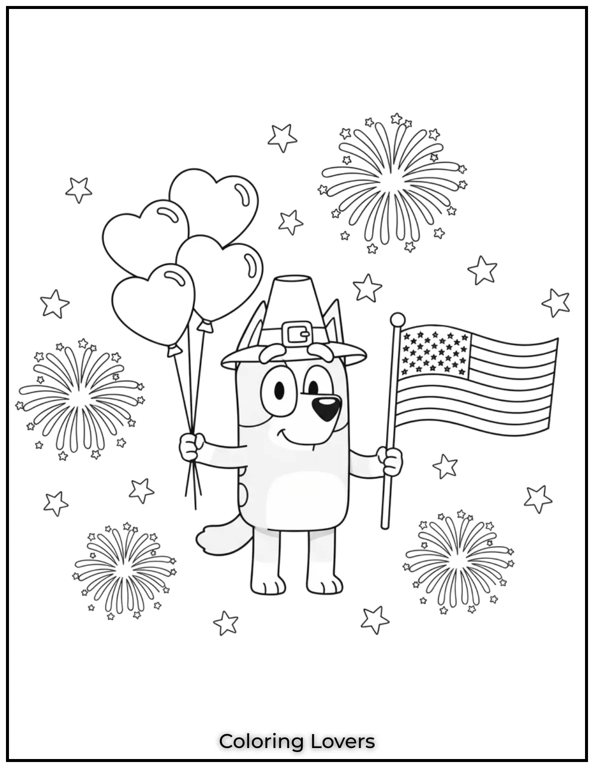 Bluey stands proud with heart balloons and a waving flag. Fireworks bloom in this cheerful holiday scene