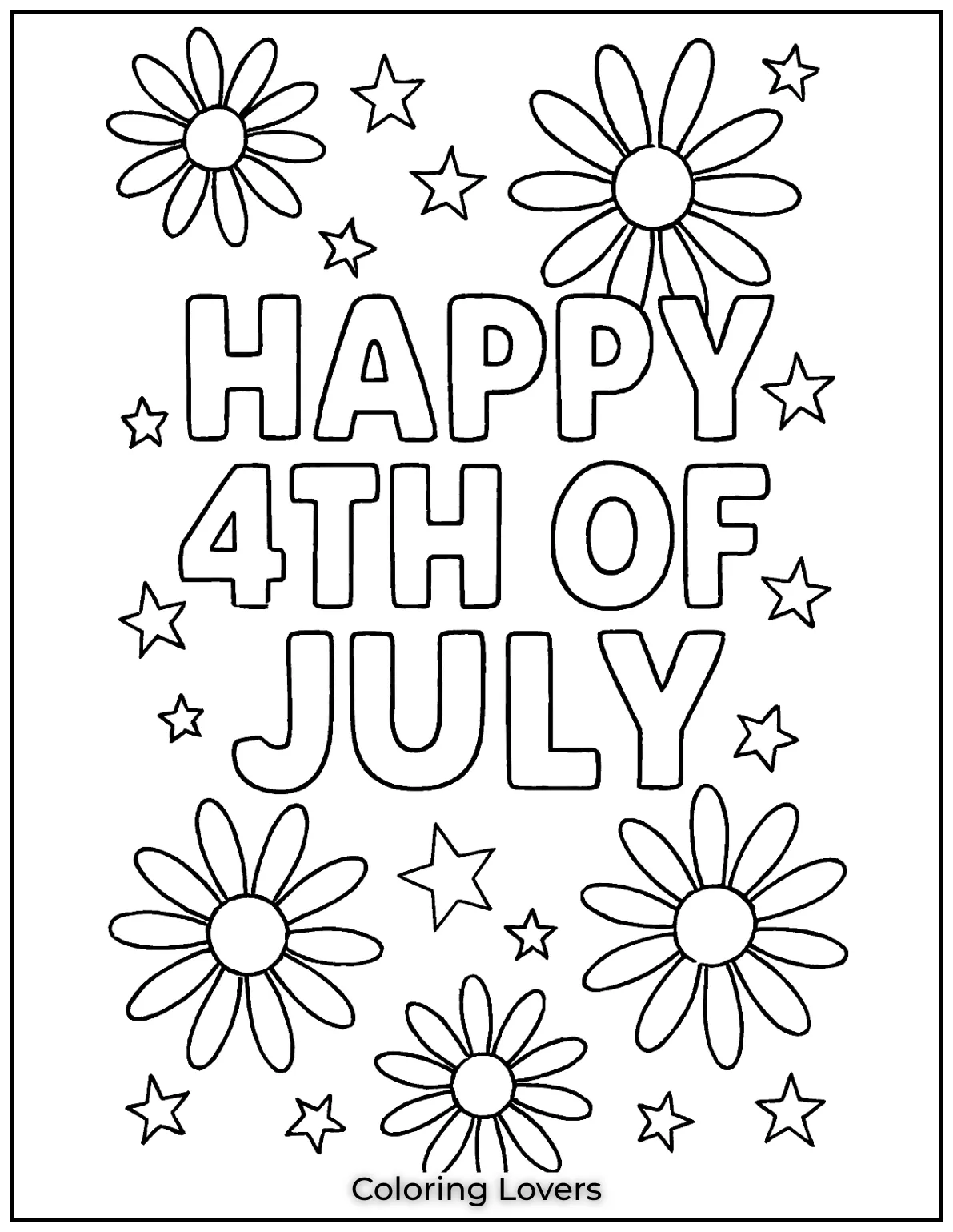 Bright daisies and scattered stars surround a big Happy 4th of July. Its full of cheerful summer vibes