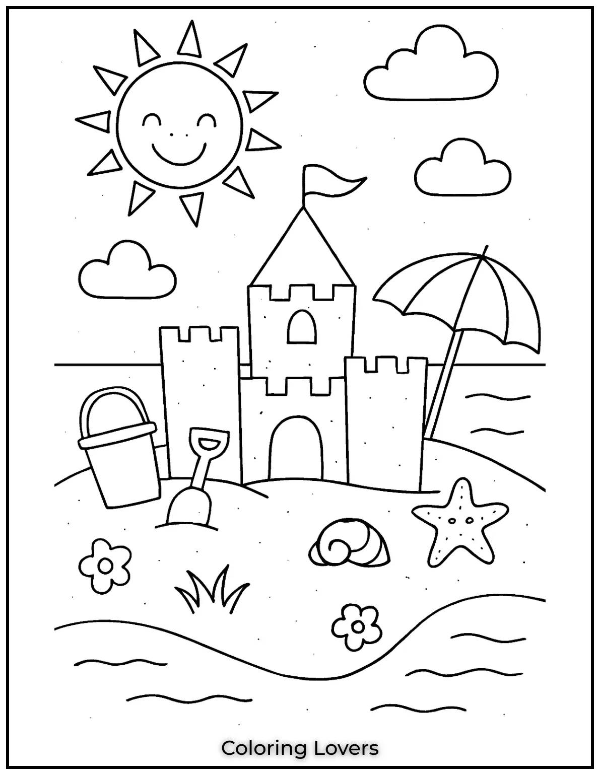 Summer Coloring Pages for Kids and Adults 12 Build your perfect beach day with this charming sand castle scene