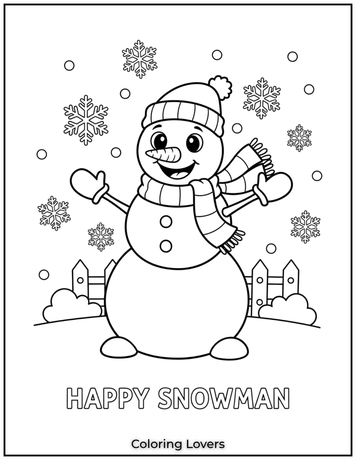 Bundled up with a scarf this friendly snowman enjoys the falling snowflakes. A perfect winter themed coloring page