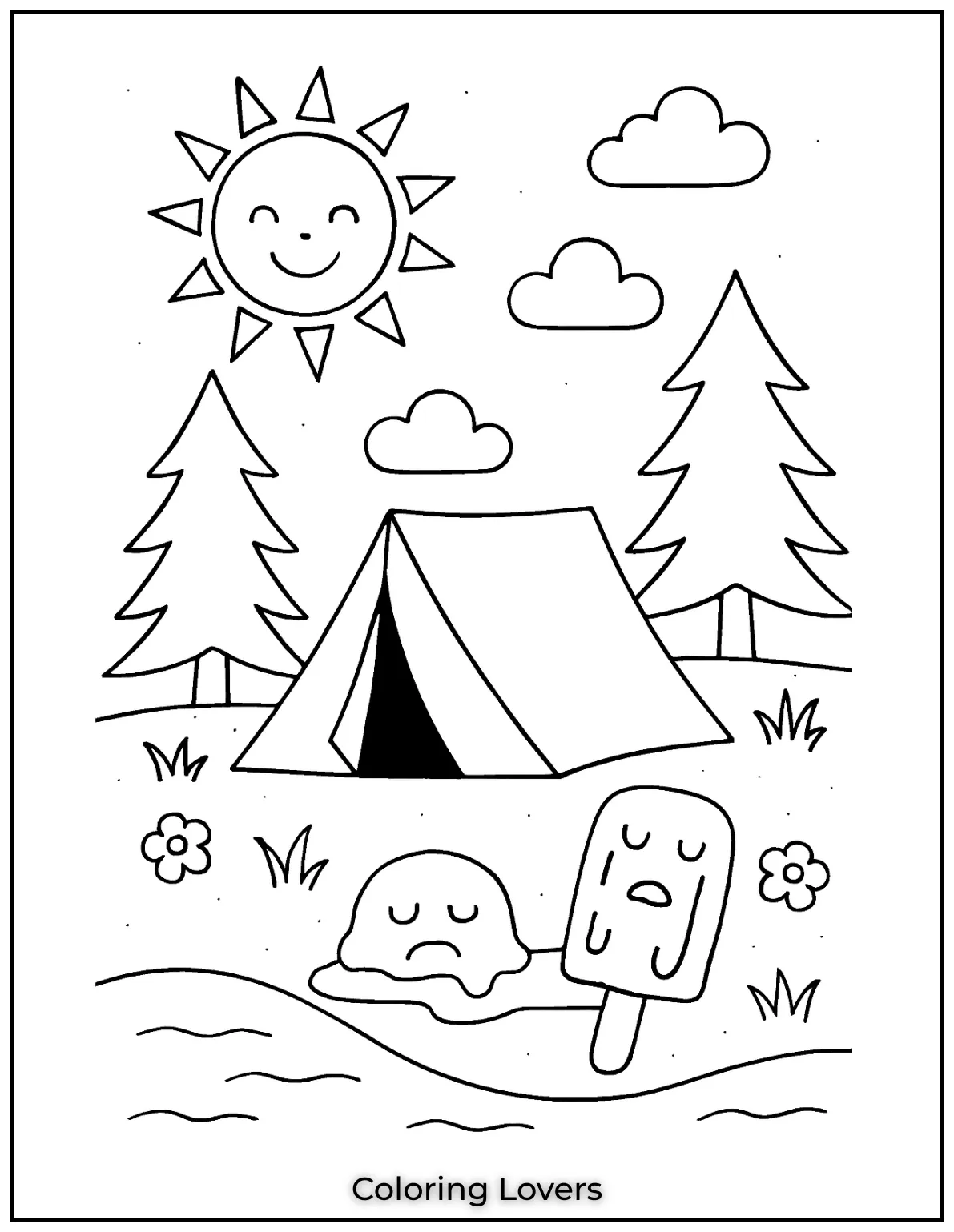 Summer Coloring Pages for Kids and Adults 10 Camp by the water with sunshine trees and a cozy tent