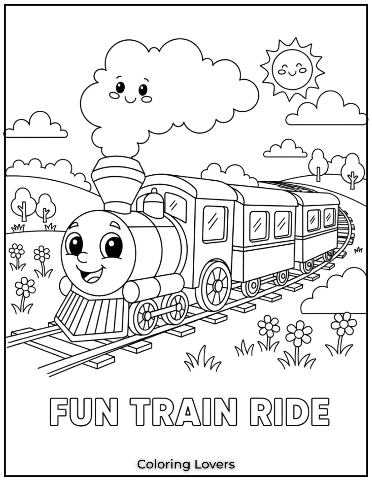 Chugging along the tracks this smiling train is full of energy. A wonderful pick for little hands to bring to life with colors