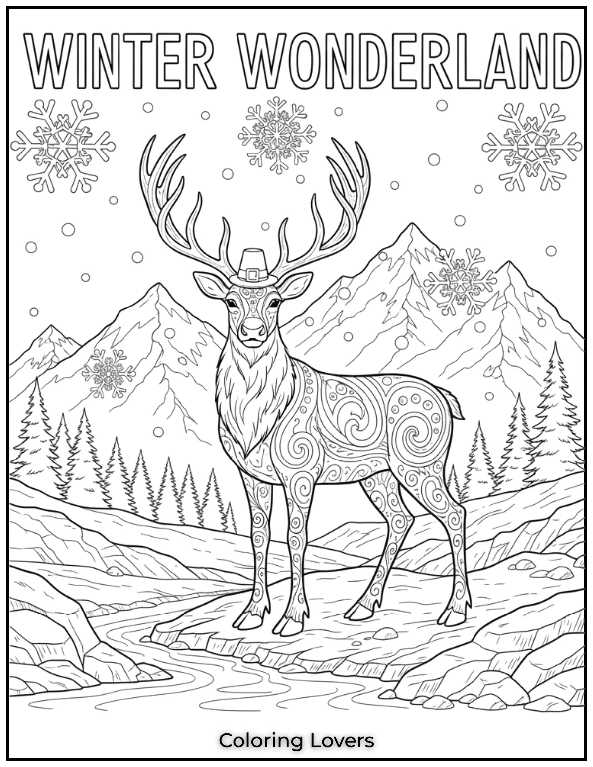 Climbing rocky paths this reindeer looks over snowy peaks. Adults will enjoy coloring his bold antlers