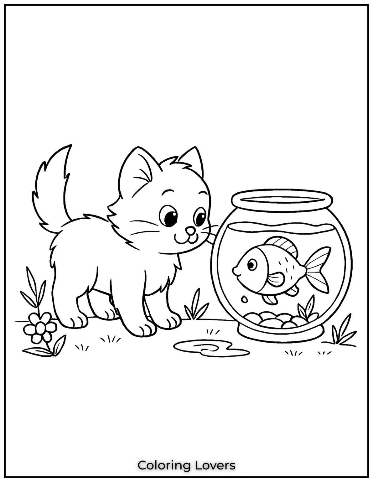 Kitten Coloring Pages – Free, Fun for Kids 12 Curious kitten meeting a fish in this fun coloring page 1