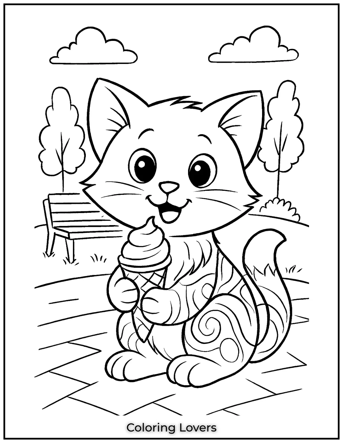Kitten Coloring Pages – Free, Fun for Kids 37 Cute kitten holding ice cream in a park 1