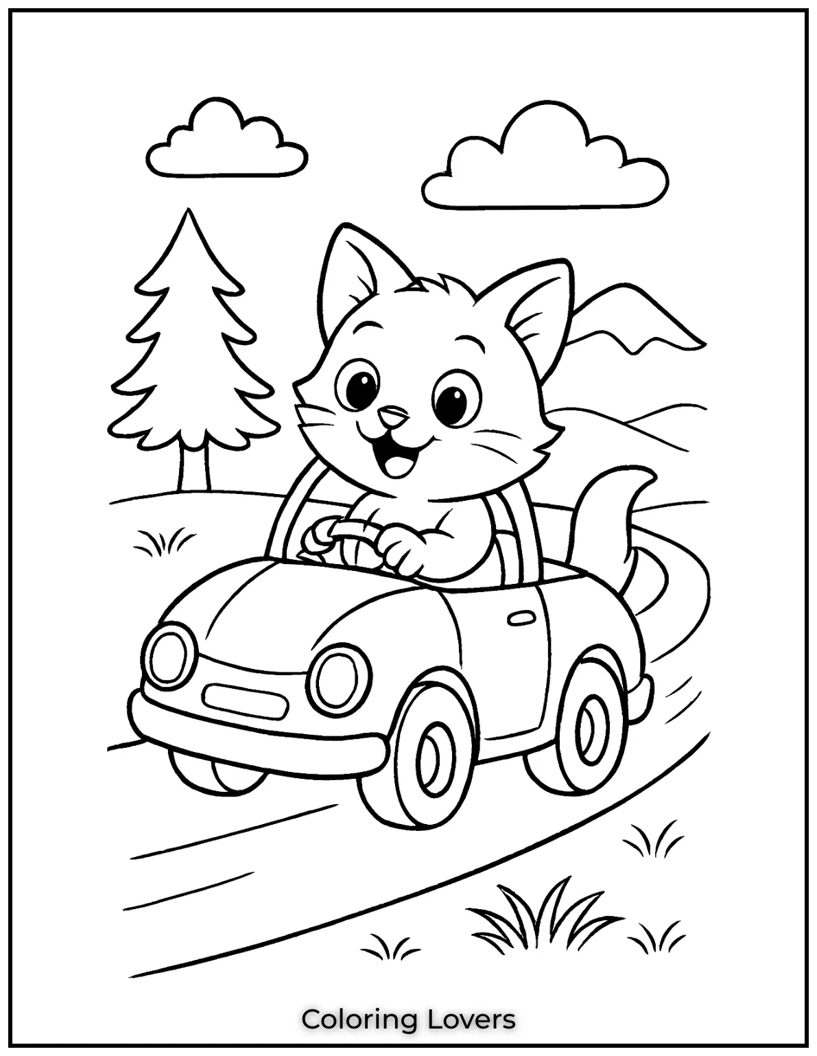 Kitten Coloring Pages – Free, Fun for Kids 25 Cute kitten joyfully driving a small car along a scenic road in this fun coloring page 1