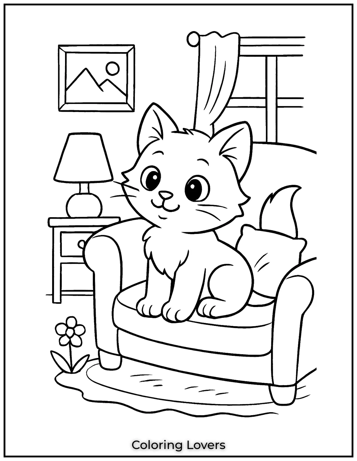 Kitten Coloring Pages – Free, Fun for Kids 13 Cute kitten sitting comfortably on a couch in a cozy room 1