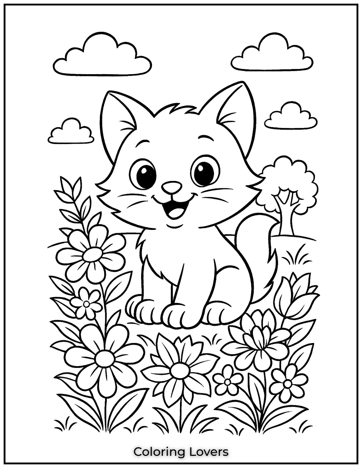 Kitten Coloring Pages – Free, Fun for Kids 30 Cute kitten sitting happily among beautiful flowers 1