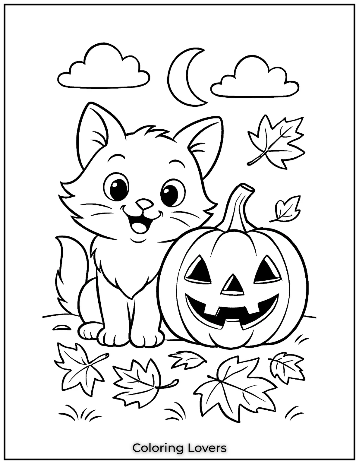 Kitten Coloring Pages – Free, Fun for Kids 26 Cute kitten sitting next to a carved pumpkin surrounded by autumn leaves in this Halloween themed coloring page 1