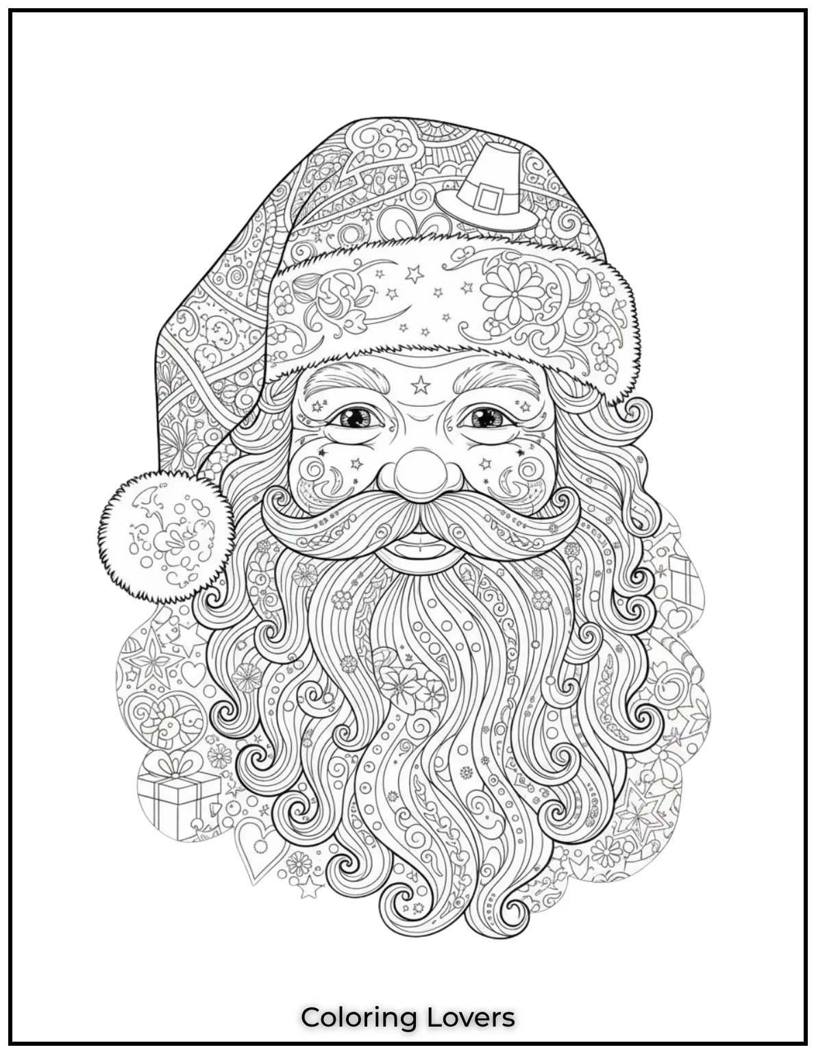 Dive into the detailed patterns of Santas face designed for adults who enjoy intricate coloring challenges